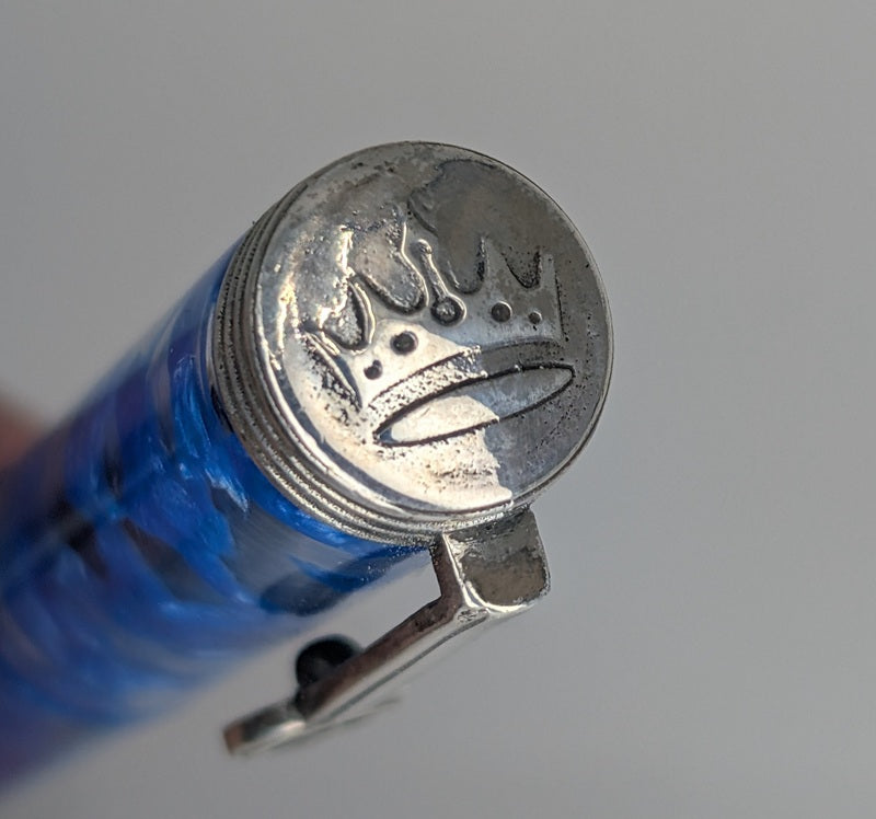 *Consignment* Krone Moderne Cellophane Blue Fountain Pen 18k Gold Medium Nib