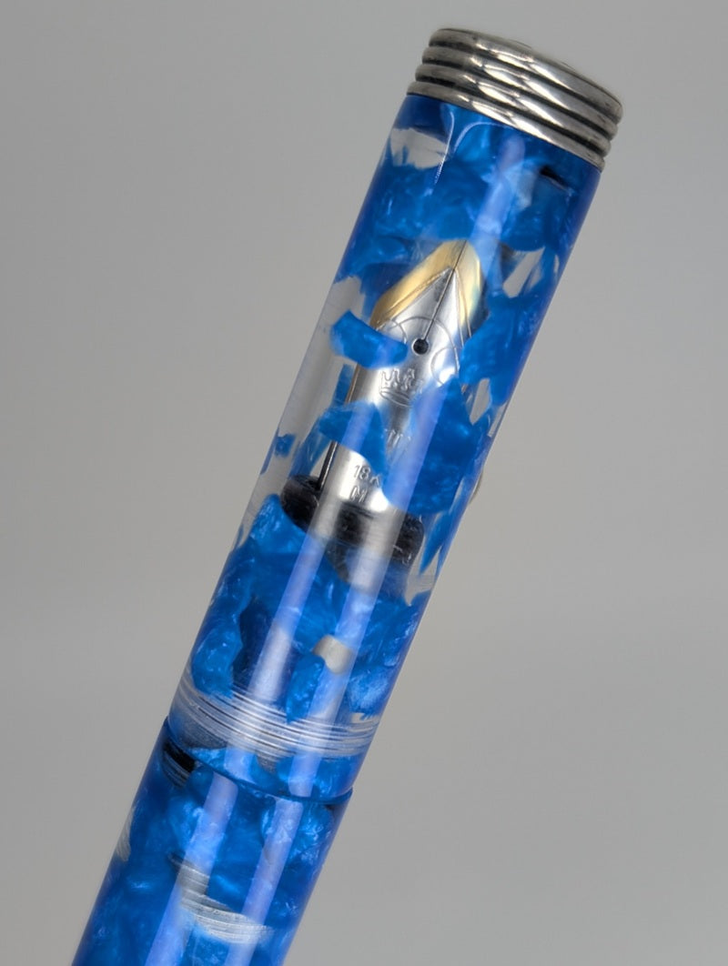 *Consignment* Krone Moderne Cellophane Blue Fountain Pen 18k Gold Medium Nib