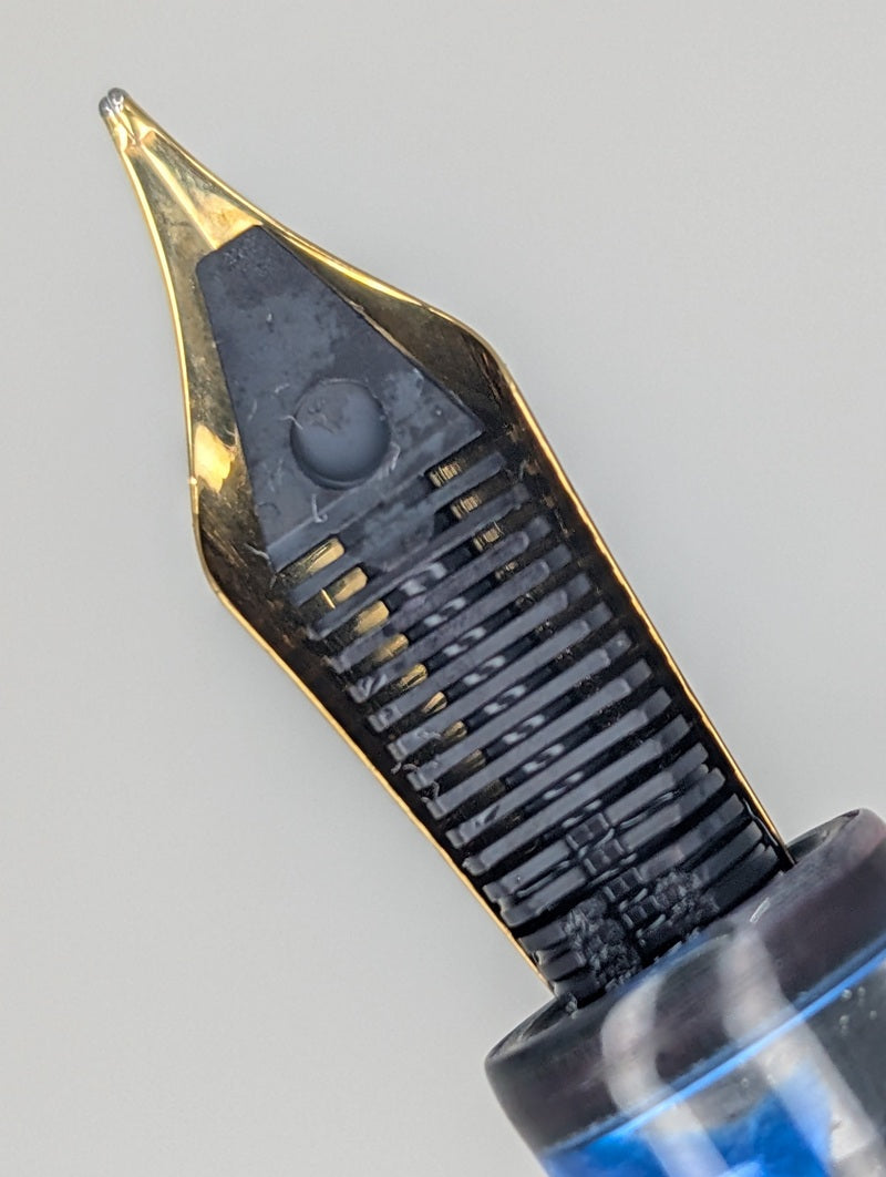 *Consignment* Krone Moderne Cellophane Blue Fountain Pen 18k Gold Medium Nib