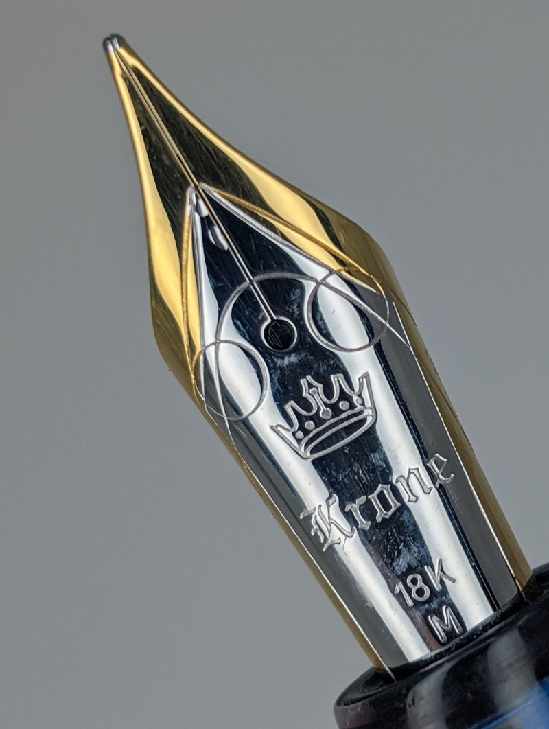 *Consignment* Krone Moderne Cellophane Blue Fountain Pen 18k Gold Medium Nib