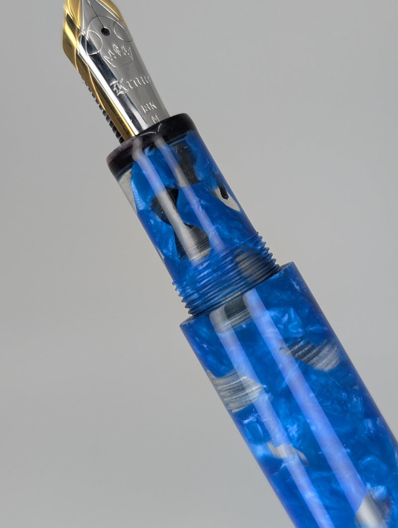 *Consignment* Krone Moderne Cellophane Blue Fountain Pen 18k Gold Medium Nib