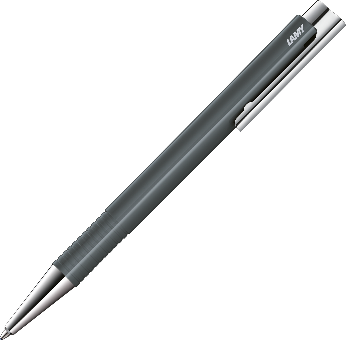 A Lamy pen with a dark gray barrel, silver clip and tip, and a white eraser, shown diagonally on a solid white background.