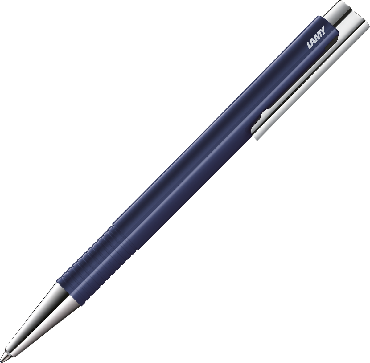 A Lamy ballpoint pen in navy blue with silver accents, shown diagonally on a plain white background.