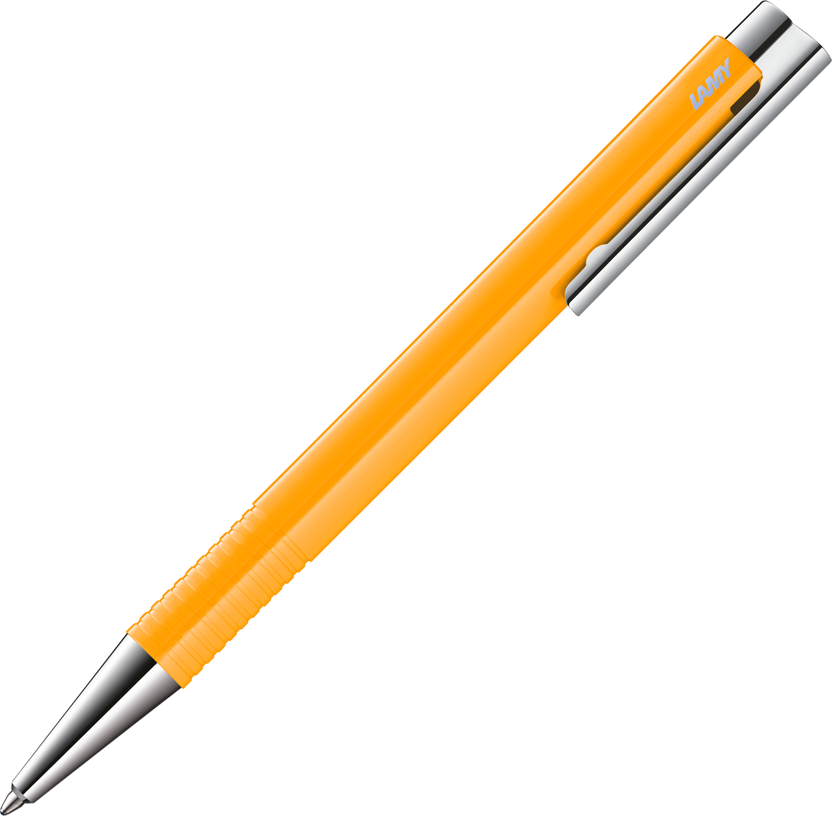 An orange and silver Lamy pen shown diagonally on a plain white background.