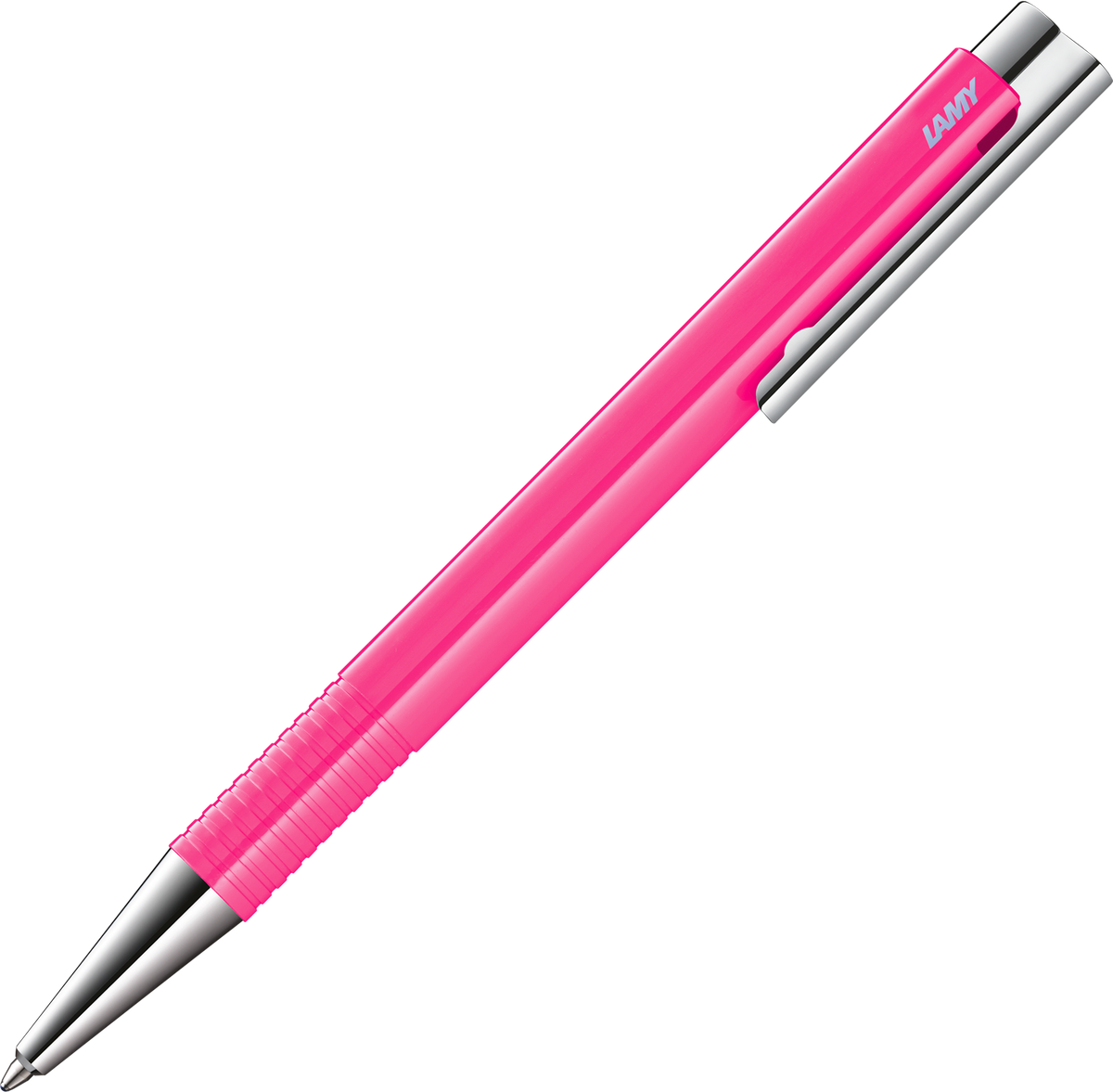 A pink retractable pen with a silver metal tip and clip, shown diagonally on a plain white background. The brand name 'LAMY' is visible in silver on the cap.