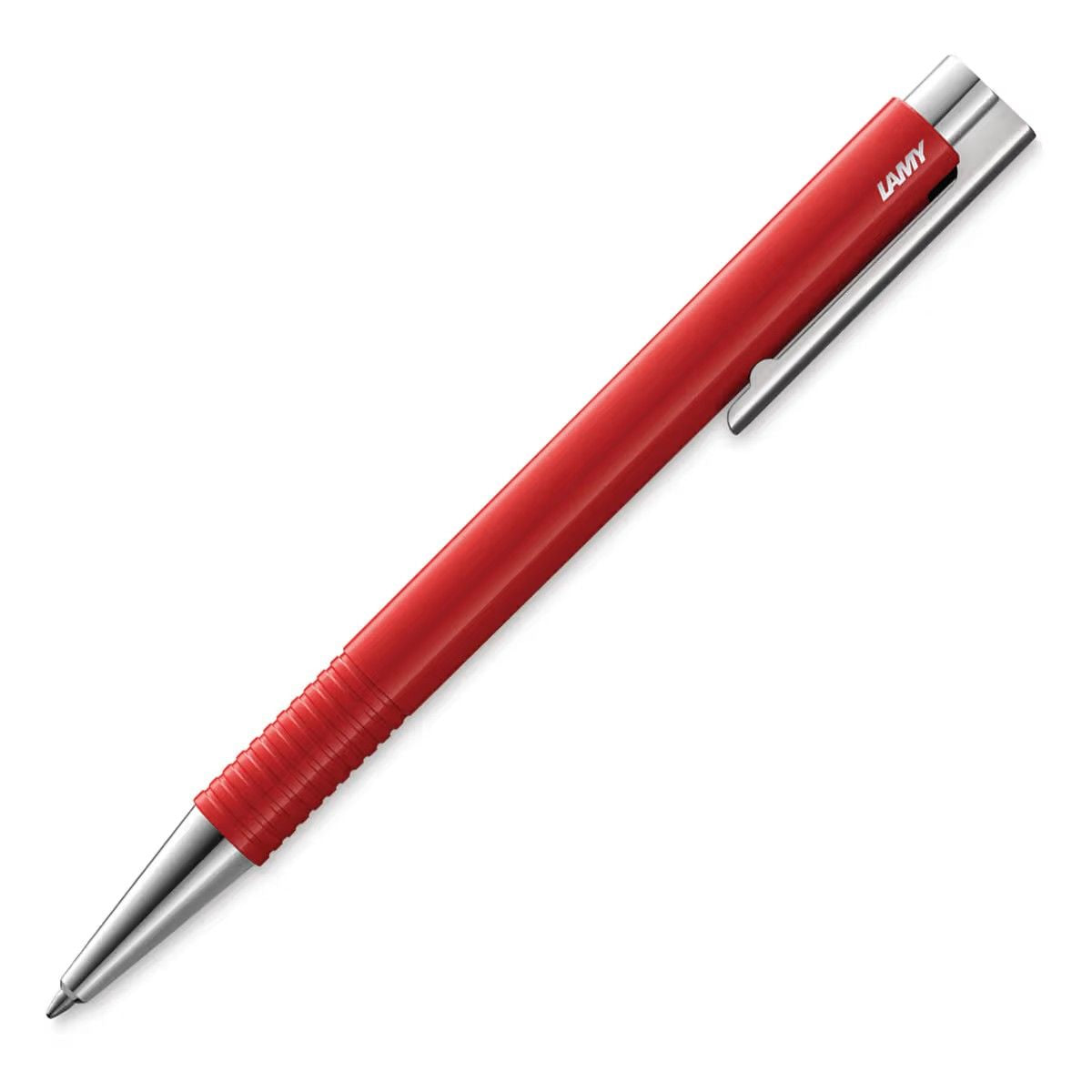 A red Lamy ballpoint pen with a textured grip and silver metal accents, shown diagonally on a plain white background.