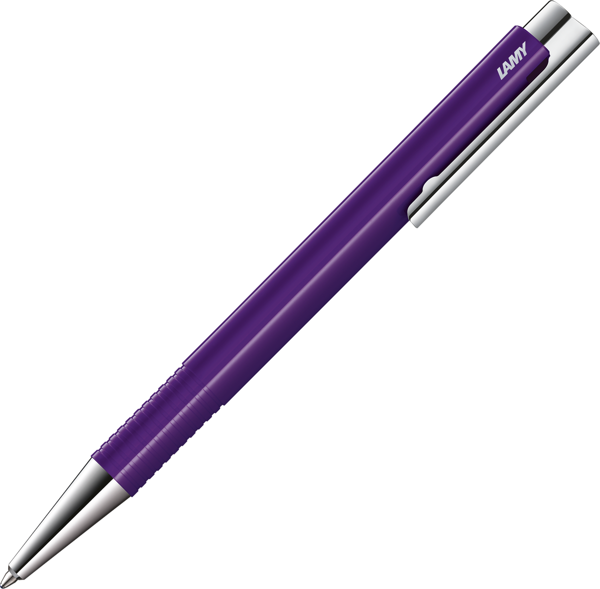 A purple Lamy ballpoint pen with silver metal accents, shown diagonally on a plain white background.
