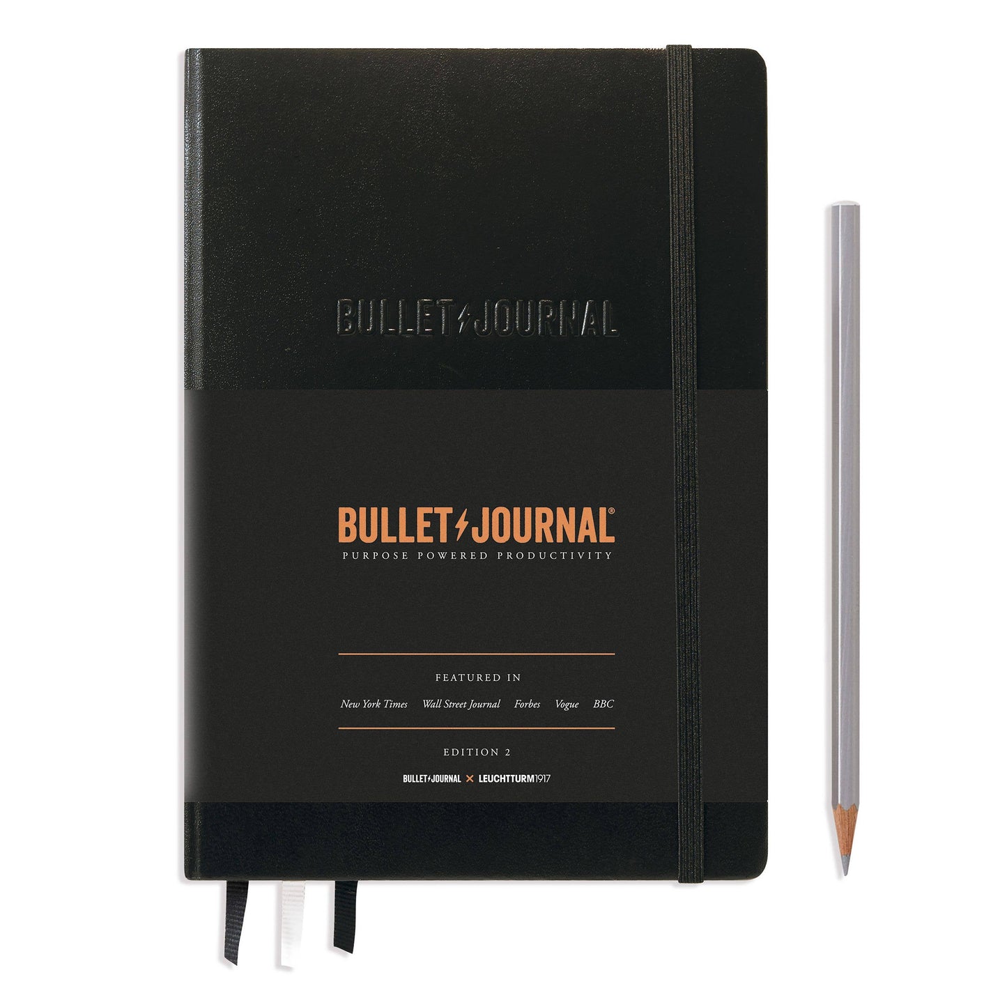 LEUCHTTURM1917 Black Bullet notebook with a pencil on a white background