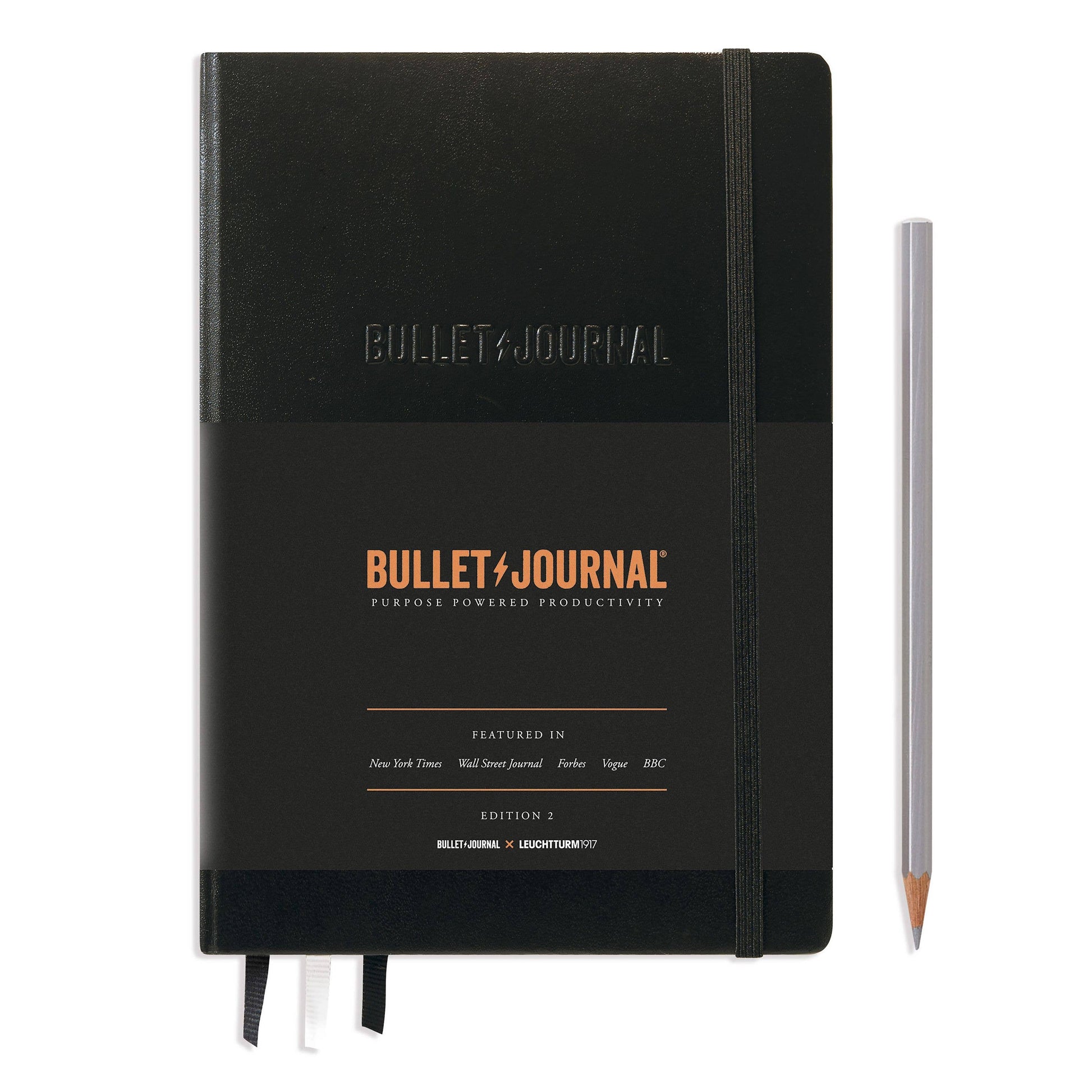 LEUCHTTURM1917 Black Bullet notebook with a pencil on a white background