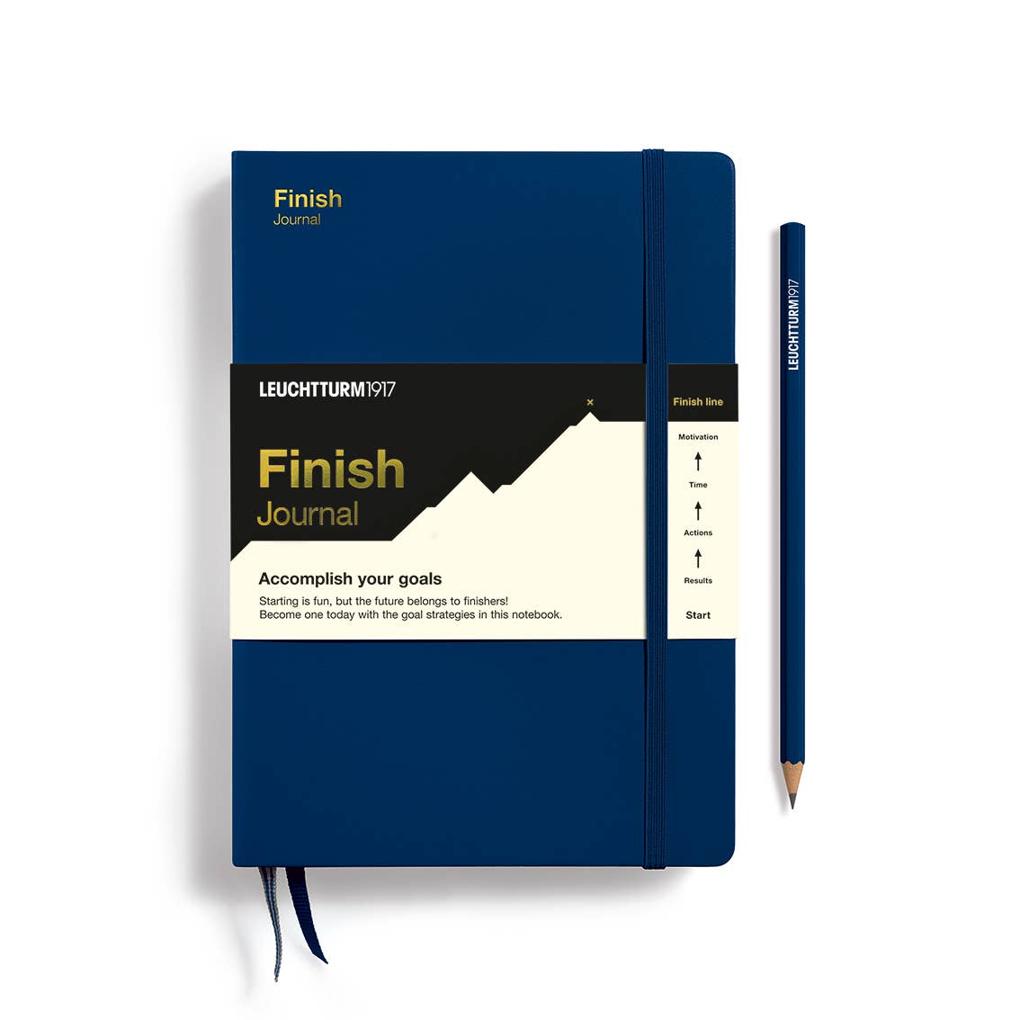  LEUCHTTURM1917 Finish journal Blue notebook with a pen on a white background