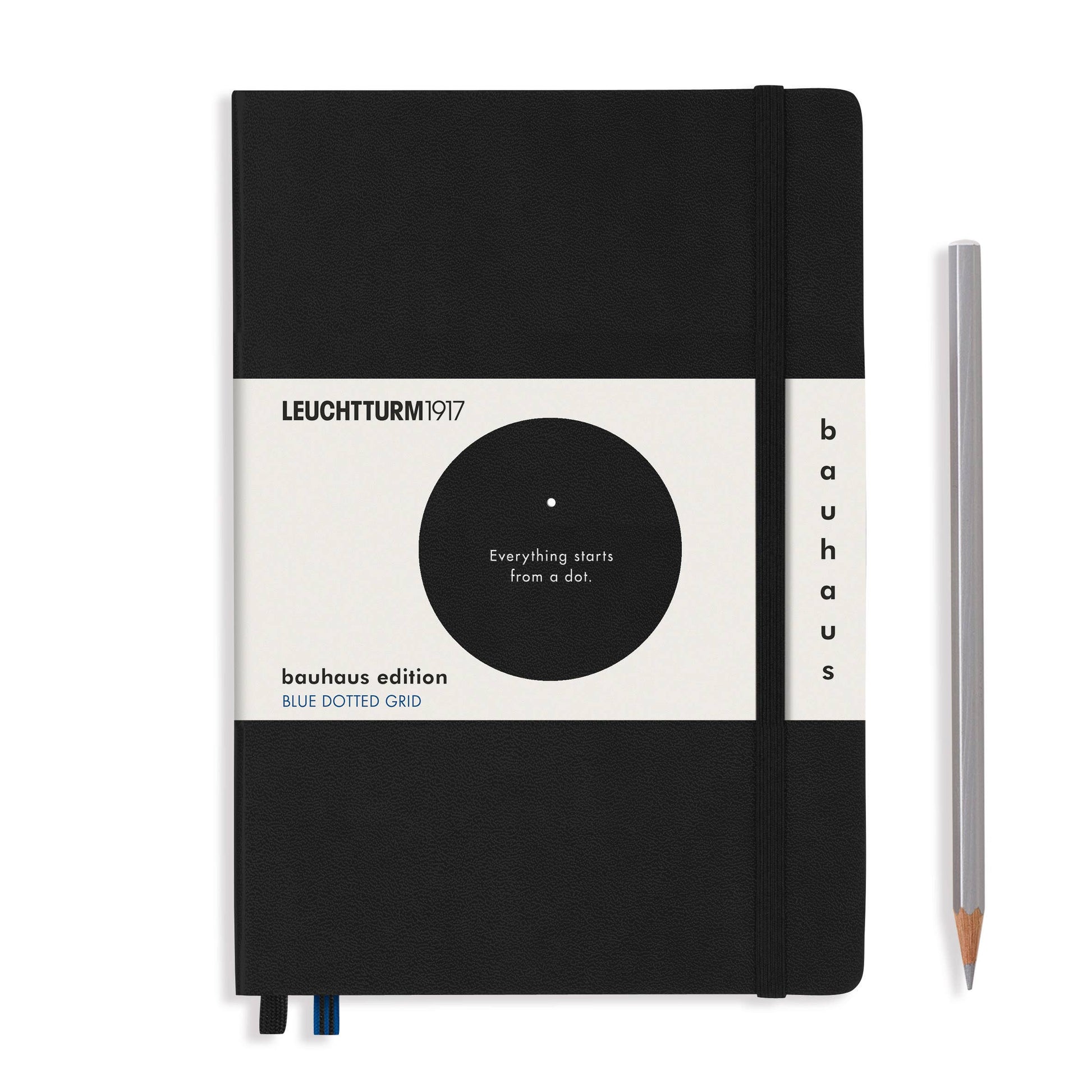  LEUCHTTURM1917 RedBauhaus Edition - Hardcover Black notebook with white label featuring Leuchtturm1917 branding and a pencil on a white background