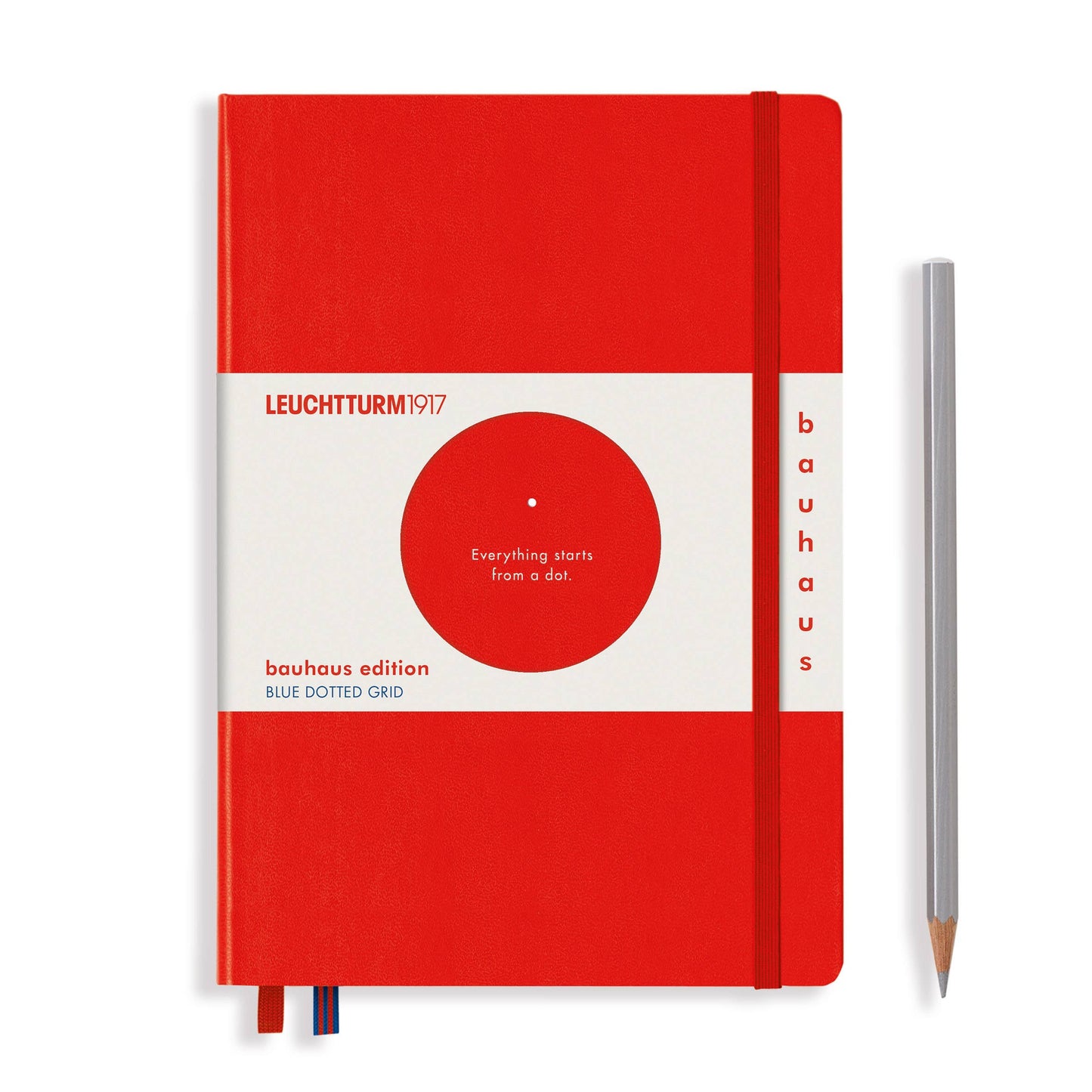 Red notebook with white cover featuring Leuchtturm1917 branding and a pencil on a white background