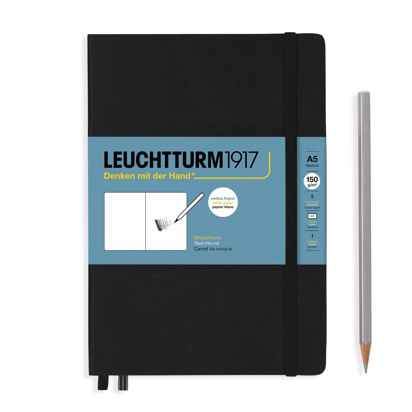Black notebook with blue label featuring 'Leuchtturm1917' branding on a white background.