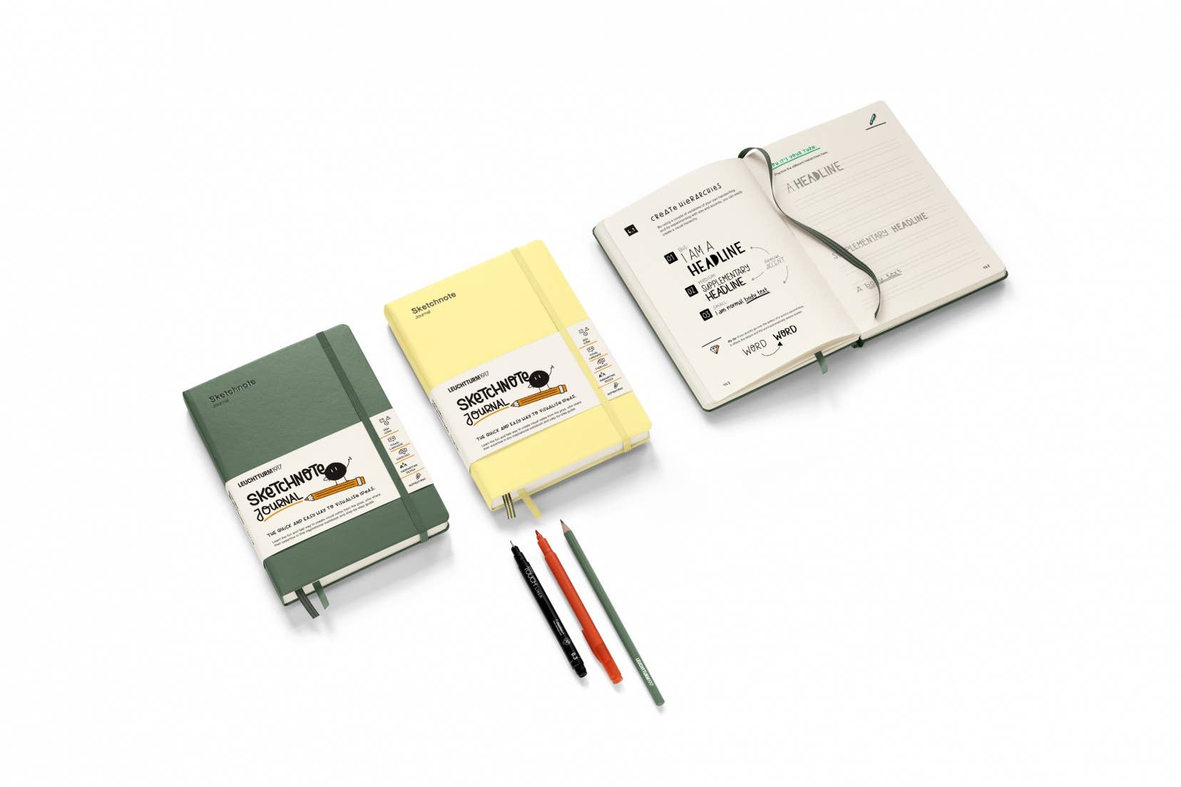 Three notebooks in green, yellow, and white with pens on a white background