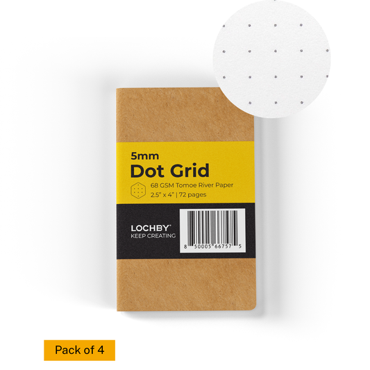 Lochy dot grid notebook packaging with a sample sheet on a white background