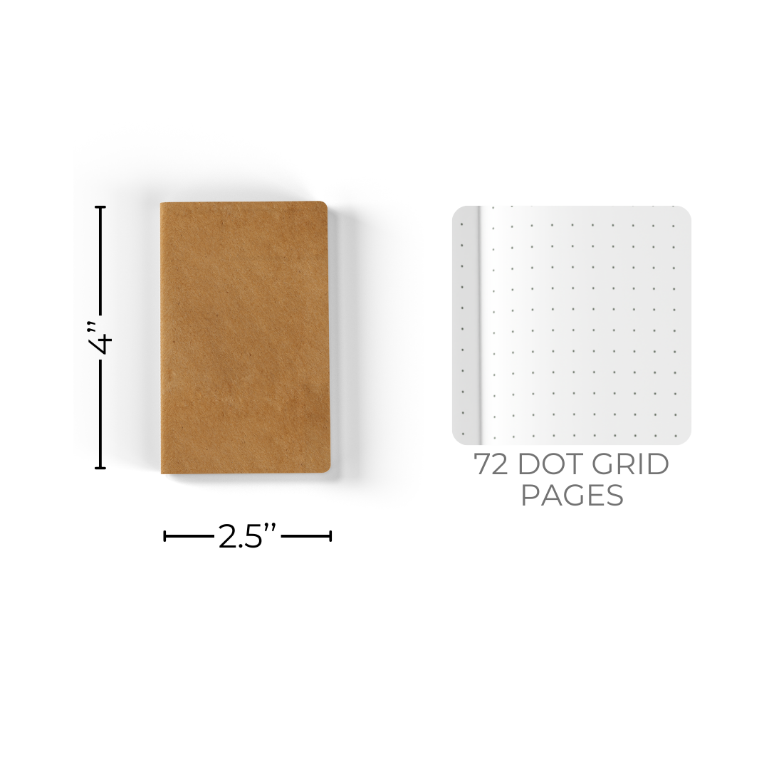 Small brown notebook with dimensions and a sheet of dot grid paper on a white background