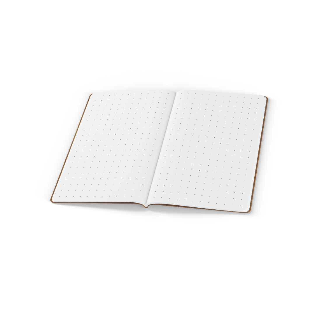 Open notebook with dot grid on white background