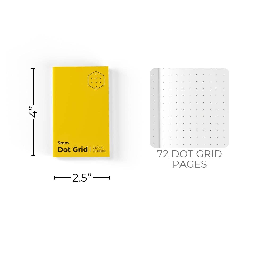 Yellow notebook with dimensions and dot grid pages on a white background