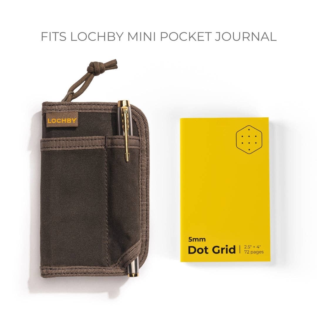 Brown leather case with gold clasp next to a yellow Lochby mini pocket journal cover on a white background.