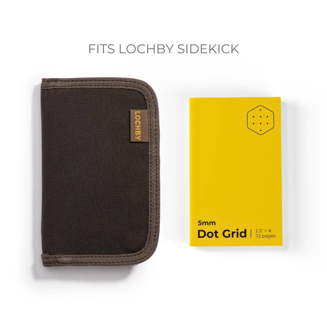 Brown notebook cover and yellow notebook with 'Lochy' branding on a white background