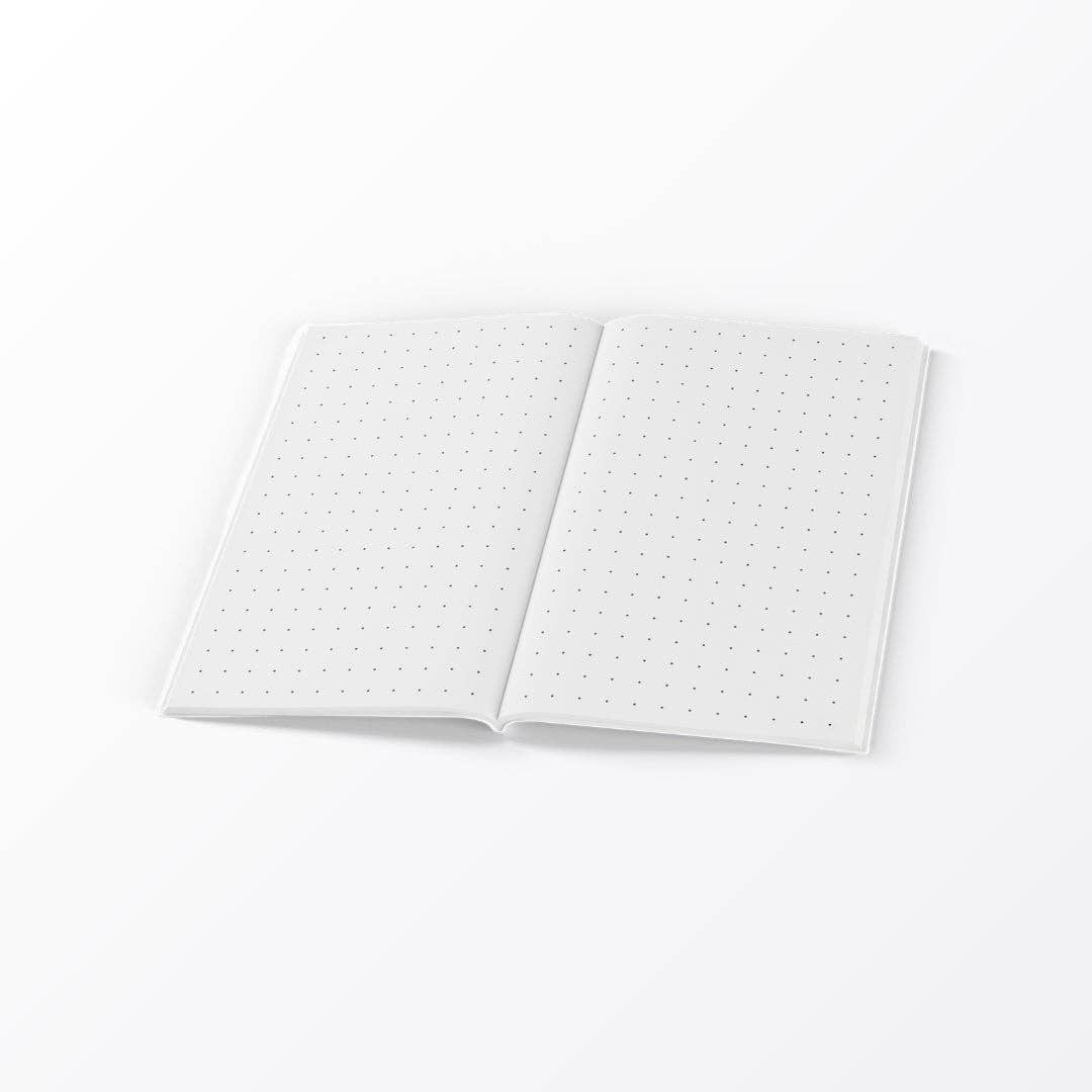 Open notebook with dotted pages on a white background