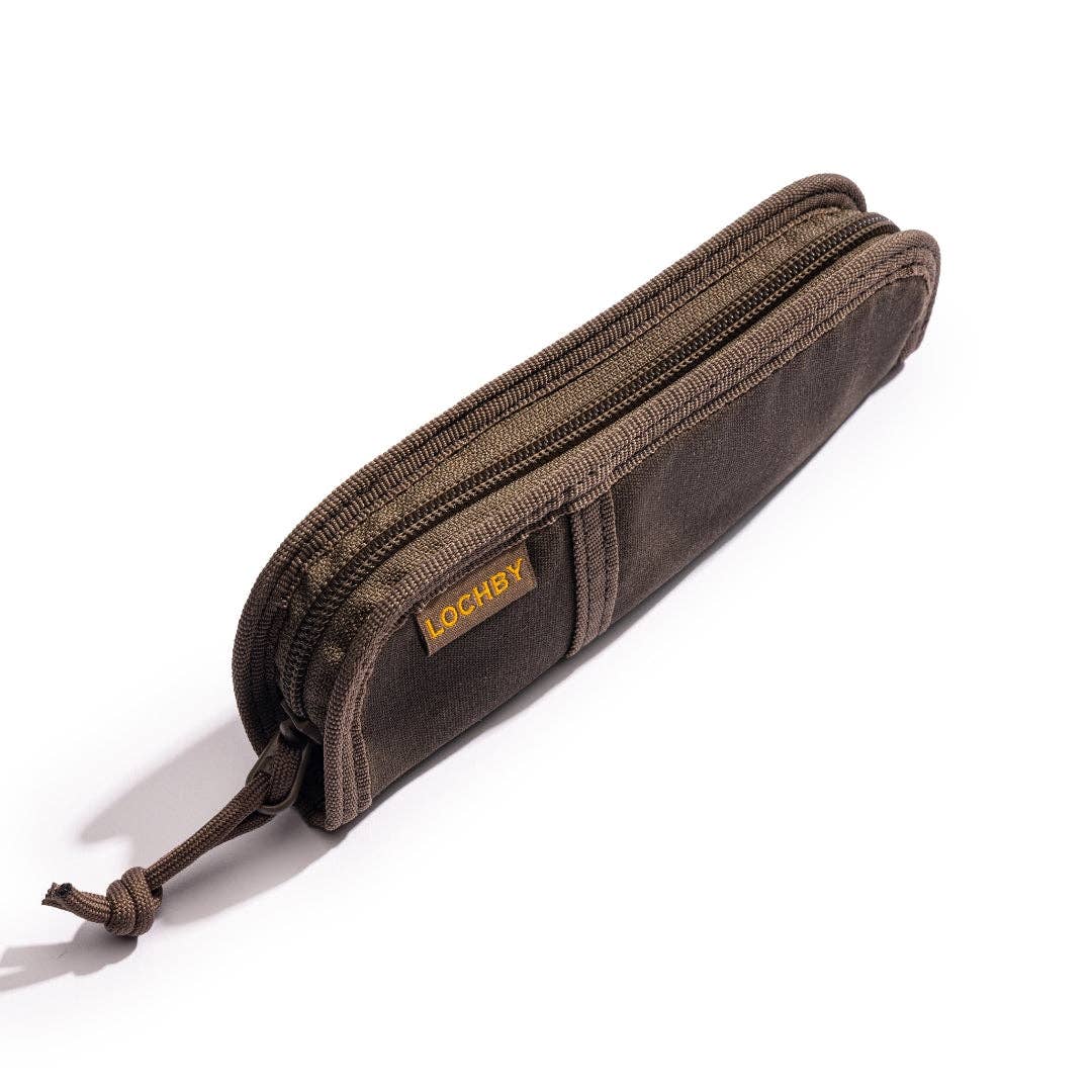 Brown zippered pouch with 'LOCHBY' branding on a white background