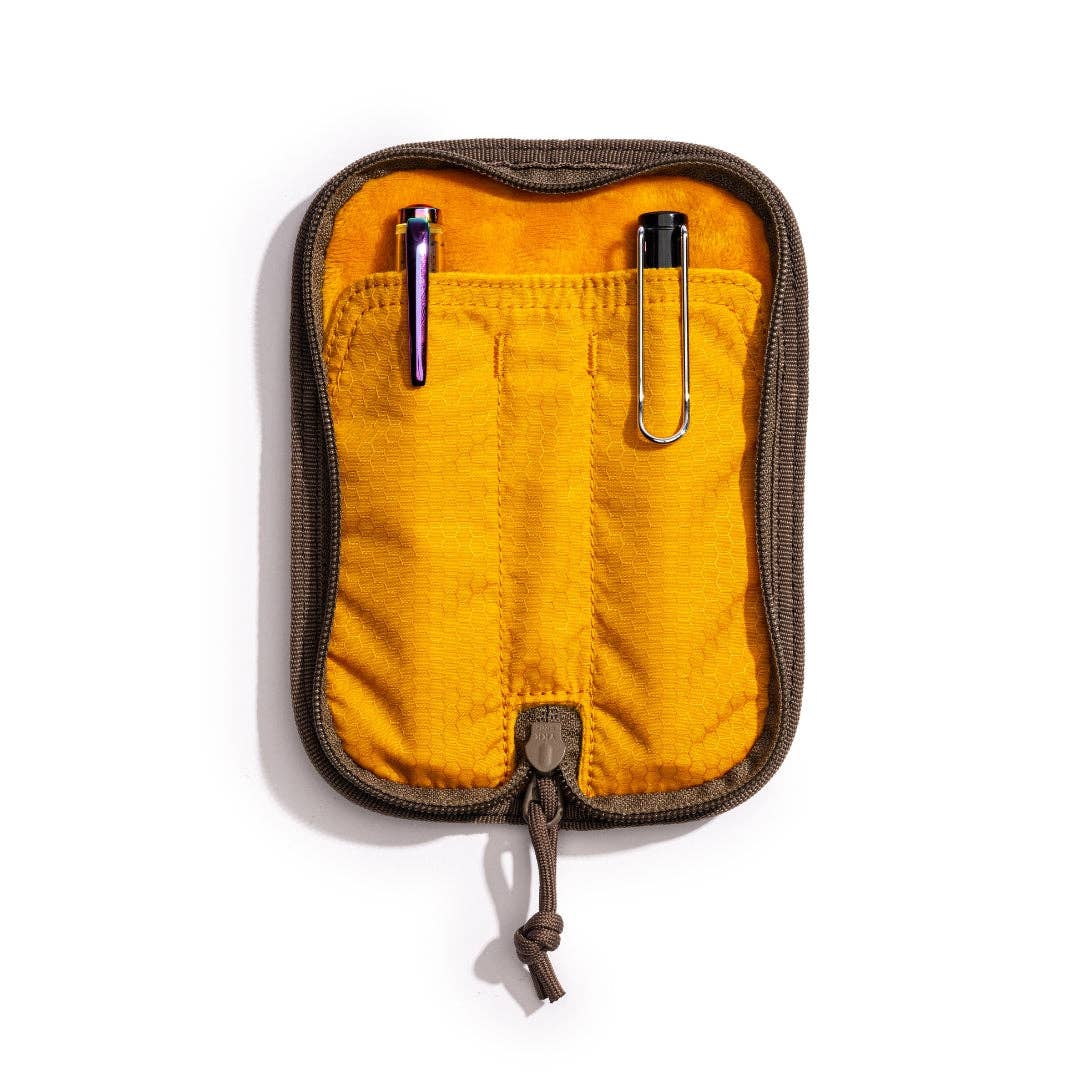 LOCHBY_Brown_Duo_Pen_Case_with yellow interior and brown exterior on a white background