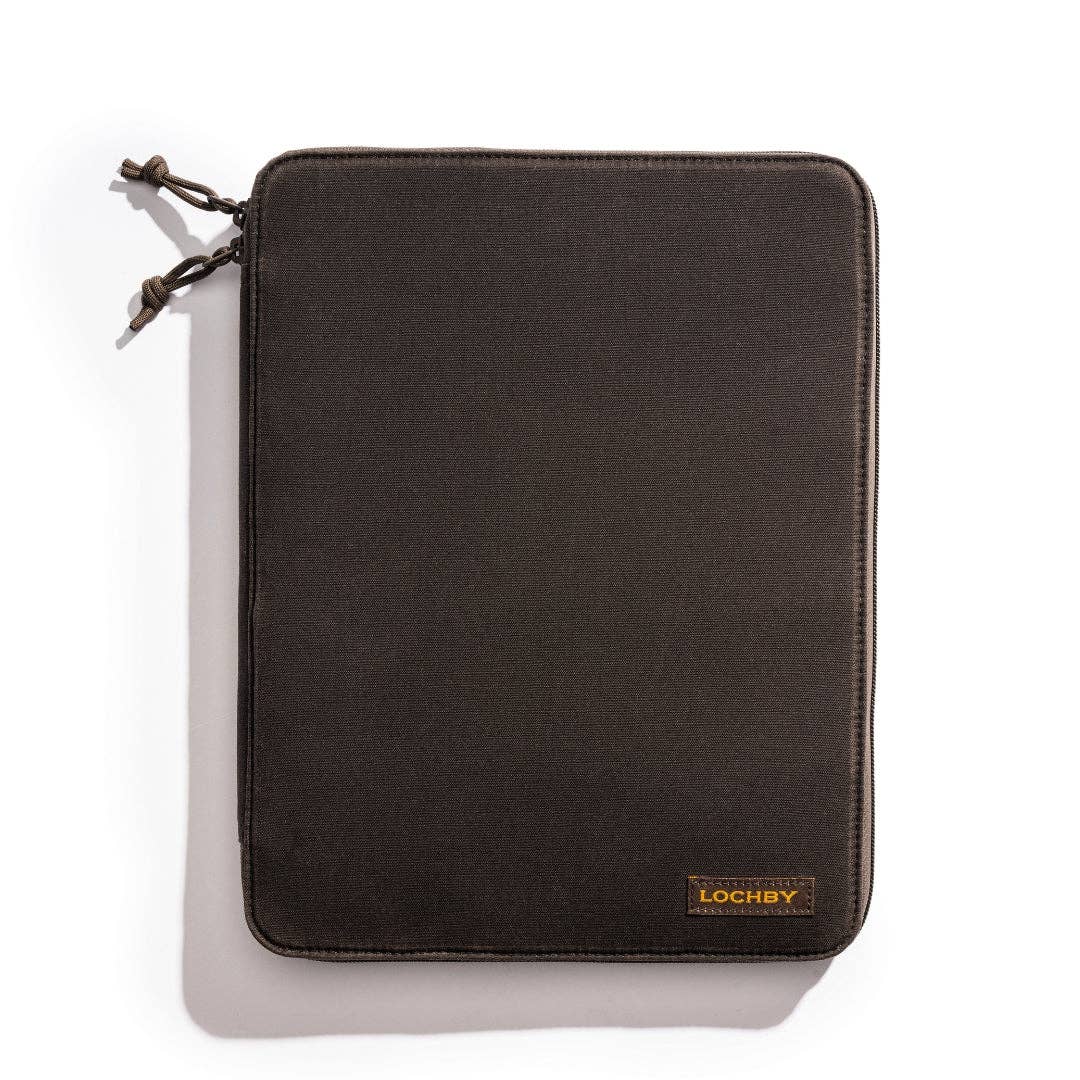 A dark brown canvas zippered sleeve with a small gold Lochby logo patch on the bottom right corner, shown on a clean white background with a soft shadow.