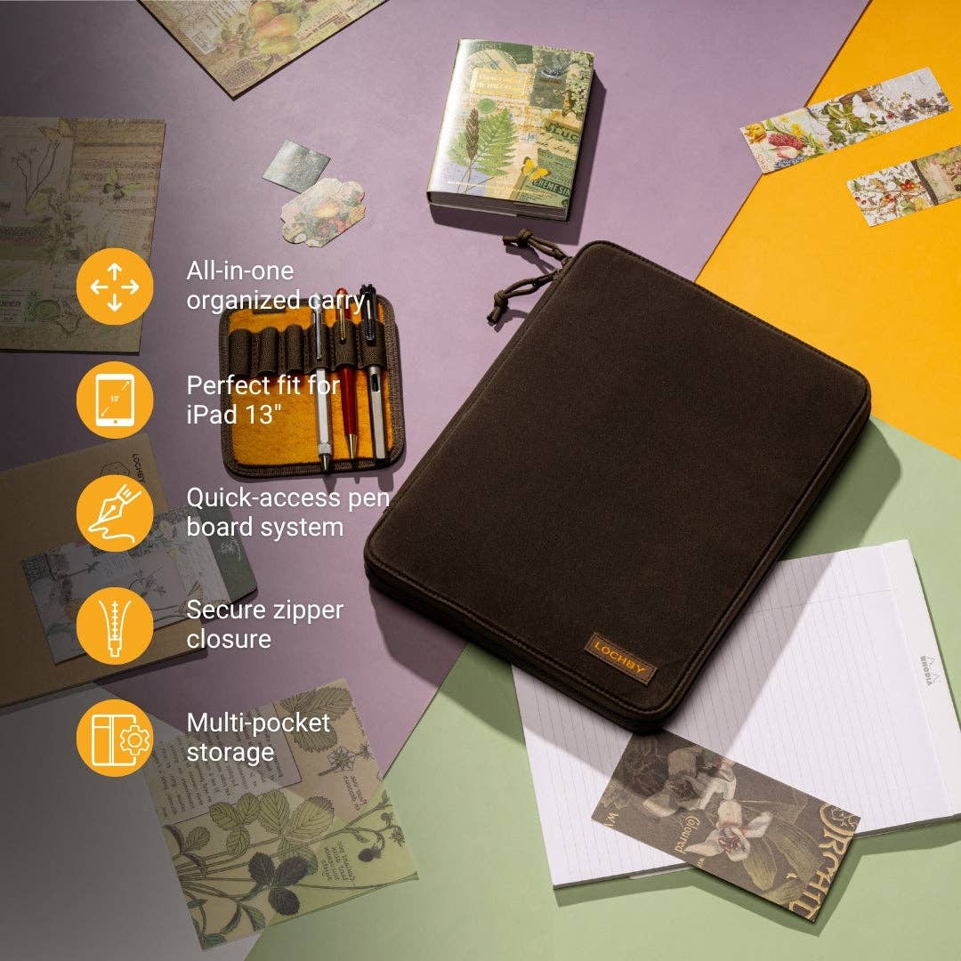 A dark brown zippered iPad case with a small orange 'Lochby' logo patch, styled on a geometric multicolor background with various stationery props and descriptive text callouts on the left.