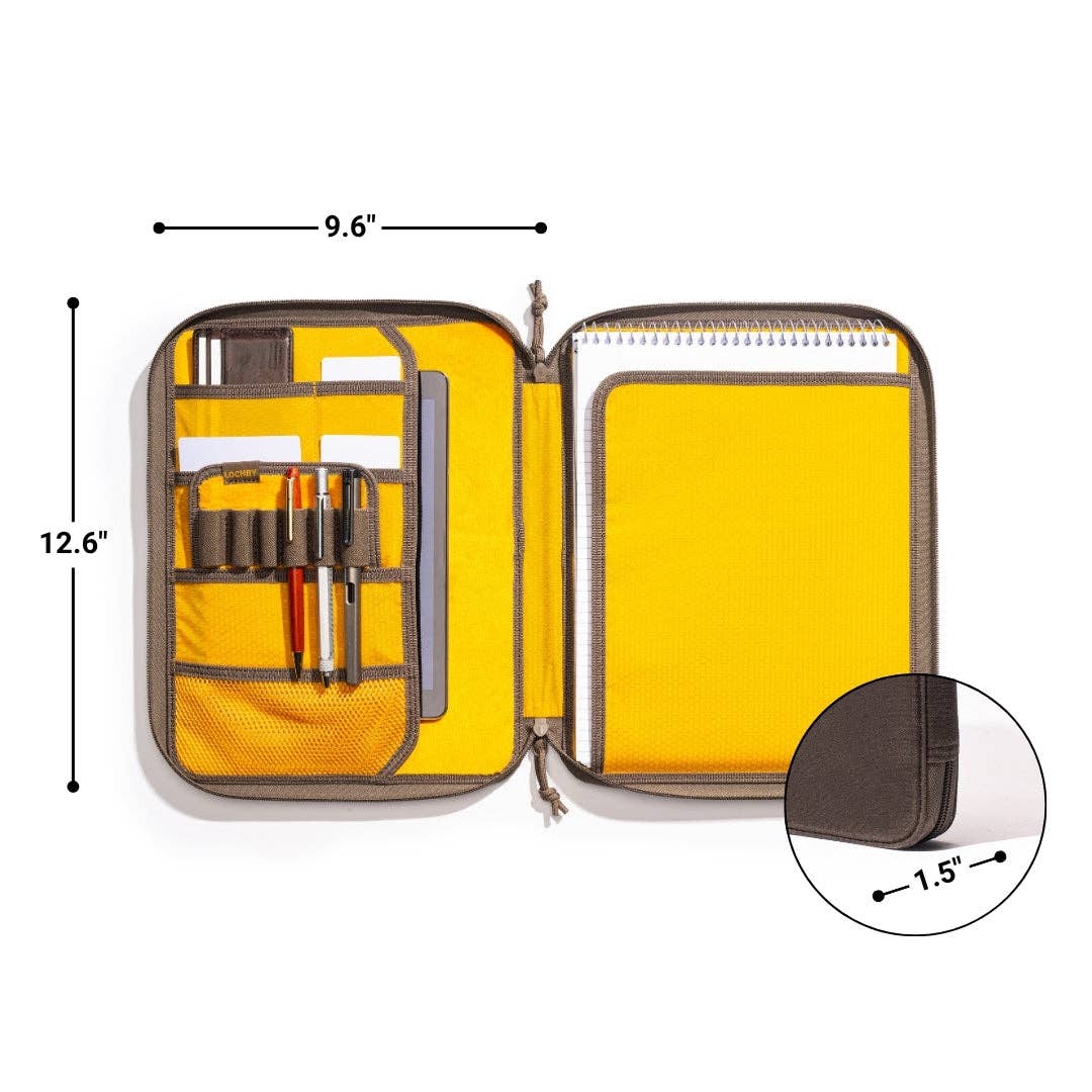 LOCHBY Daily Folio A4 Open yellow and gray organizer case with dimension labels showing 12.6 by 9.