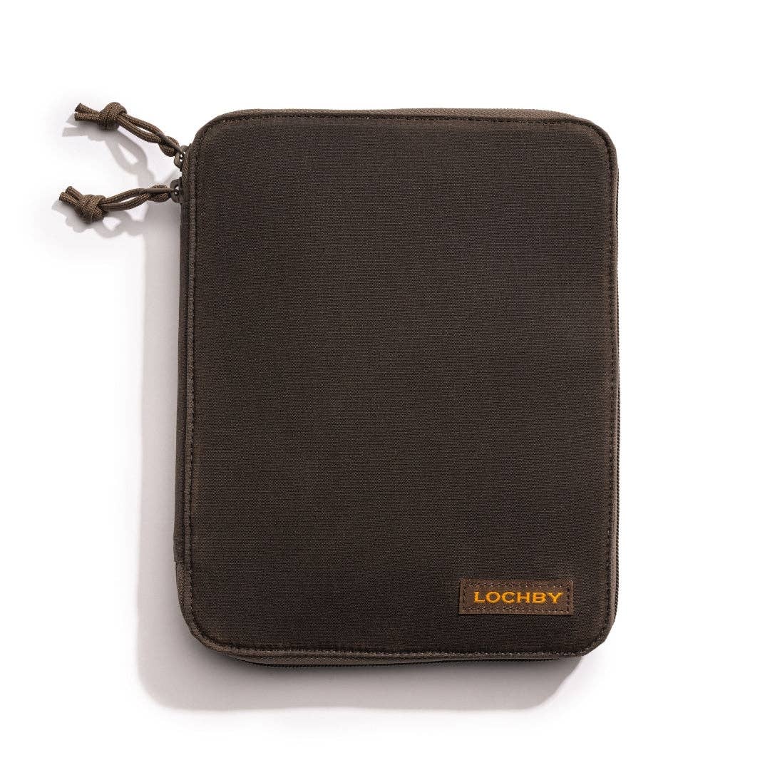 Brown zippered pouch with 'LOCHBY' branding on a white background