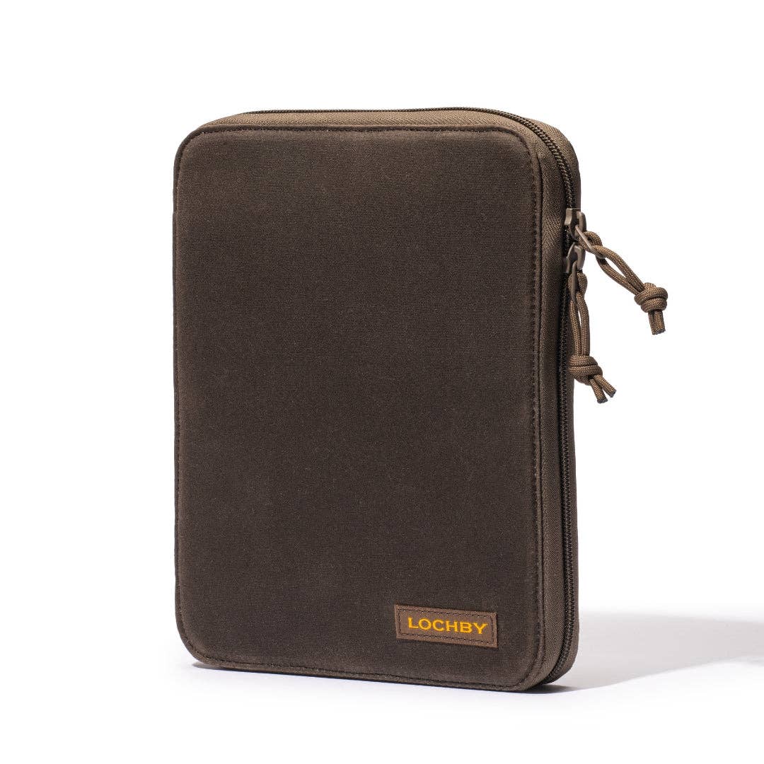 Brown zippered pouch with 'LOCHBY' branding on a white background