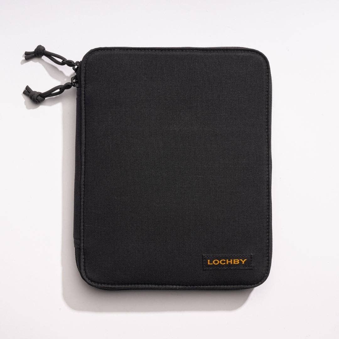 Black zippered pouch with 'LOCHBY' branding on a white background