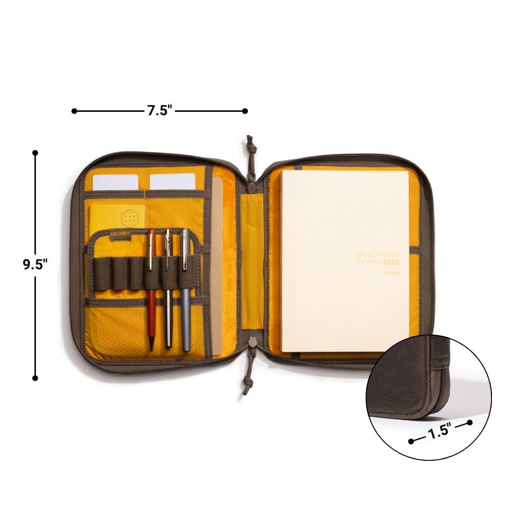 Open LOCHBY Daily Folio A5 with tools and a notebook, showing dimensions on a white background