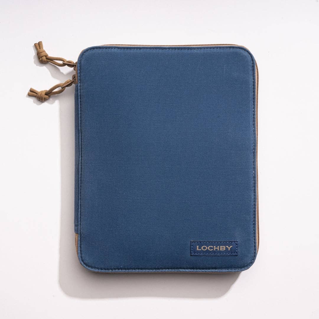 Blue zippered pouch with brown drawstring and 'LOCHBY' branding on a white background