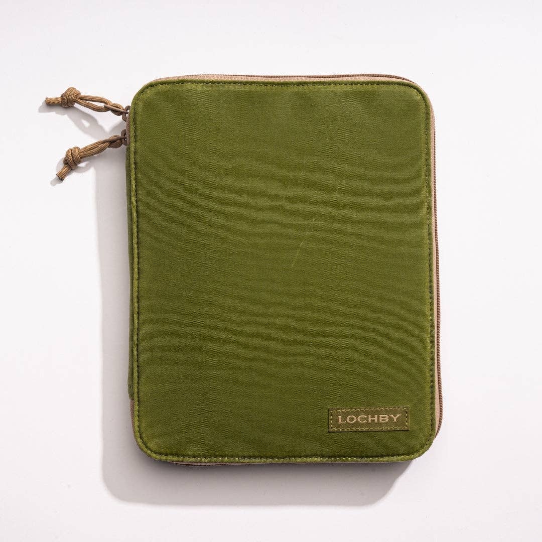 Green zippered pouch with 'LOCHBY' branding on a white background