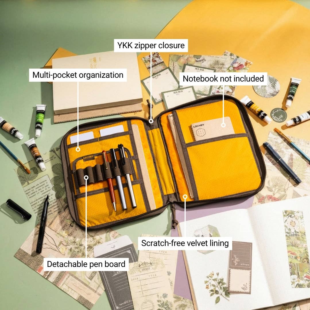 LOCHBY Daily Folio A5 organizer with pen board and stationery items on a green surface