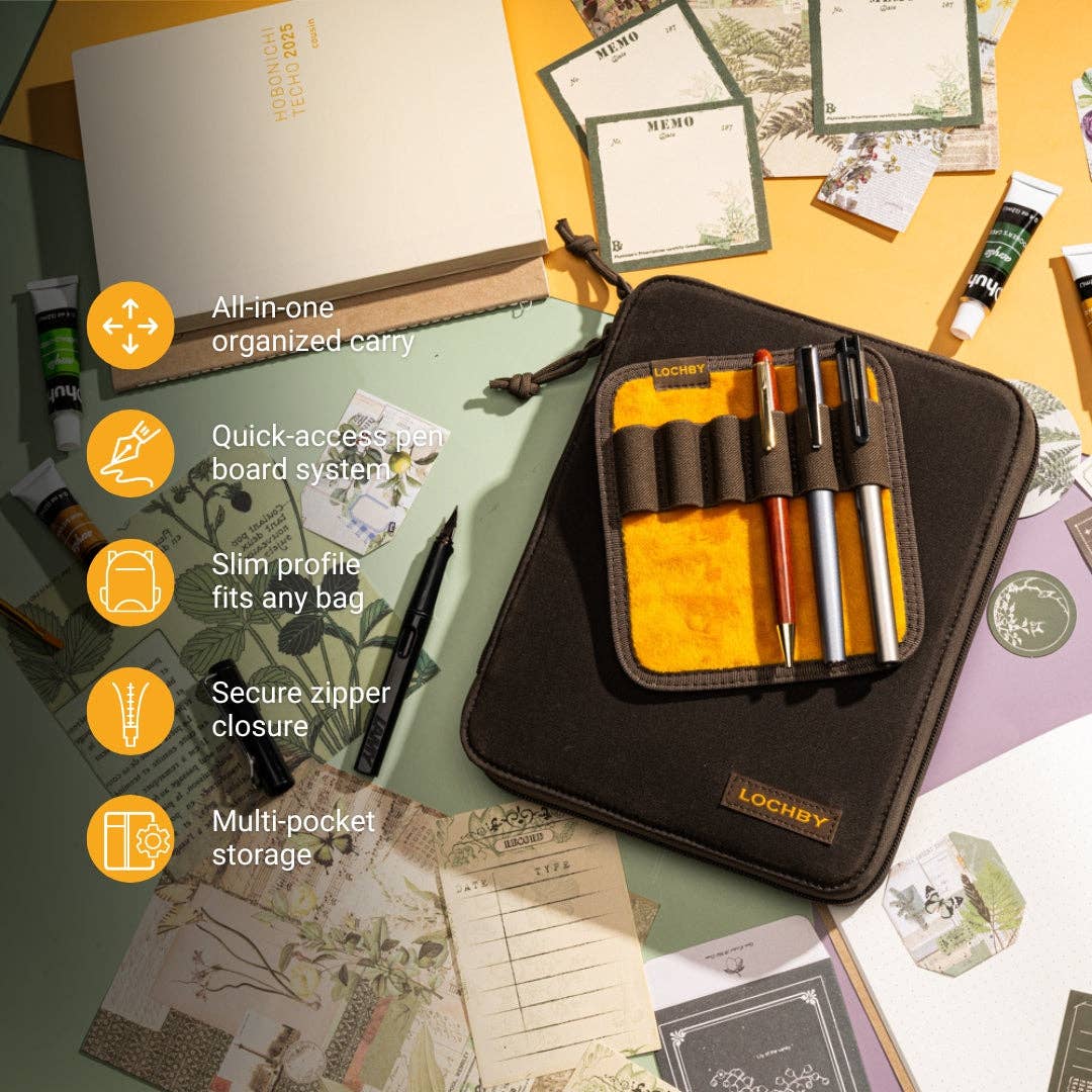 Lochby writing set with pen holder on a textured surface with stationery items.
