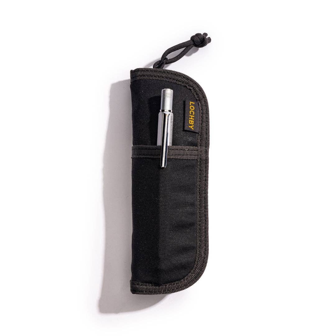 LOCHBY_Black_Duo_Pen_Case_with a pen inside on a white background
