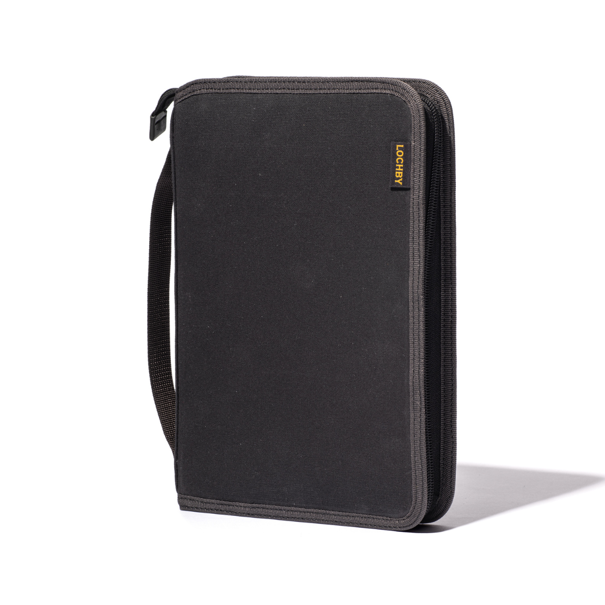 LOCHBY Field Folio A5 Black zippered case with a strap on a white background
