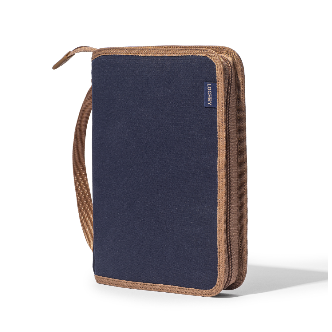LOCHBY Field Folio A5 Navy blue zippered case with brown strap on a white background