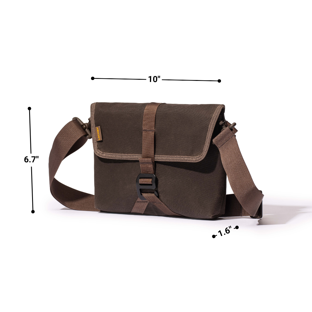 Brown LOCHBY bag with measurements on a white background