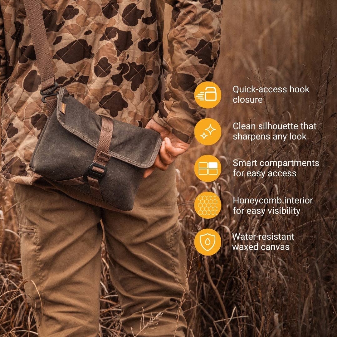 Person holding a LOCHBY bag with hunting gear in a field, featuring product features.