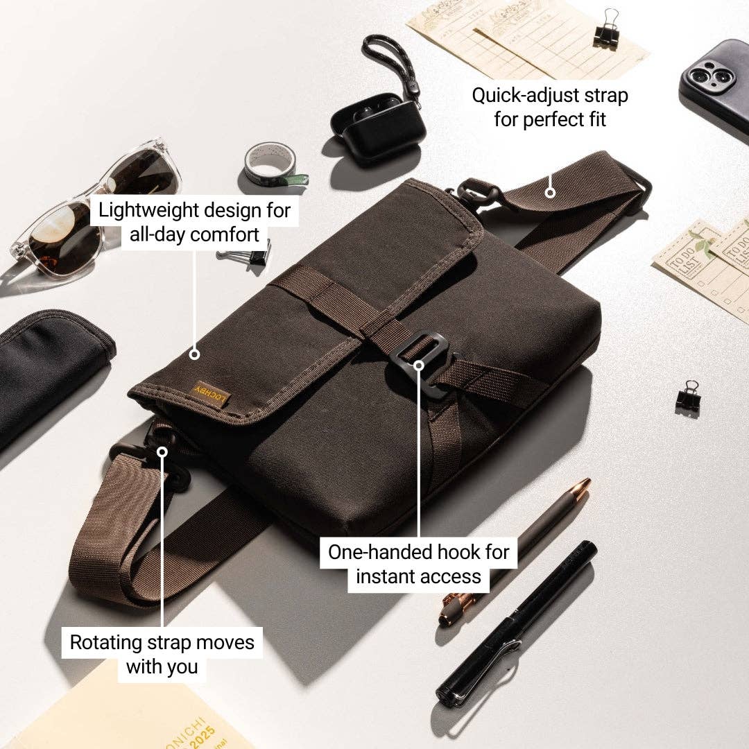 LOCHBY Brown crossbody bag with features highlighted on a light gray background
