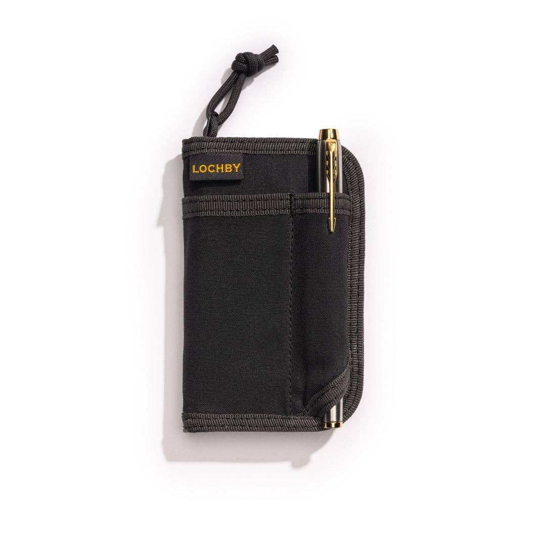 Black pouch with gold zipper and 'LOCHBY' branding on a white background