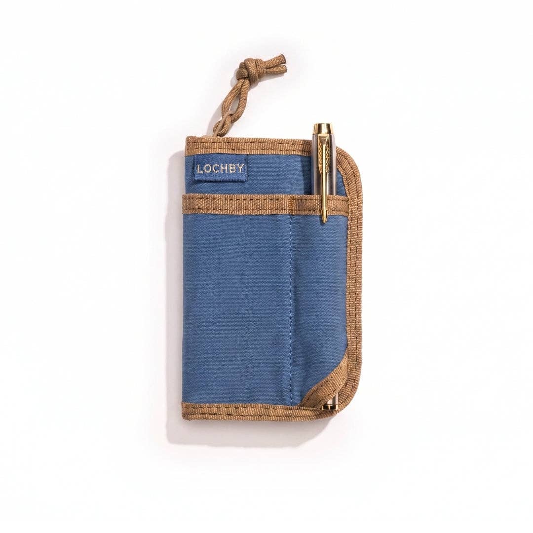 Blue and brown pouch with a pen on a white background, featuring the Lochby brand.