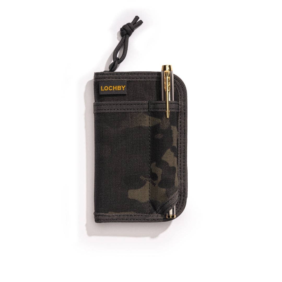 Black camouflage wallet with a pen holder and 'LOCHBY' branding on a white background