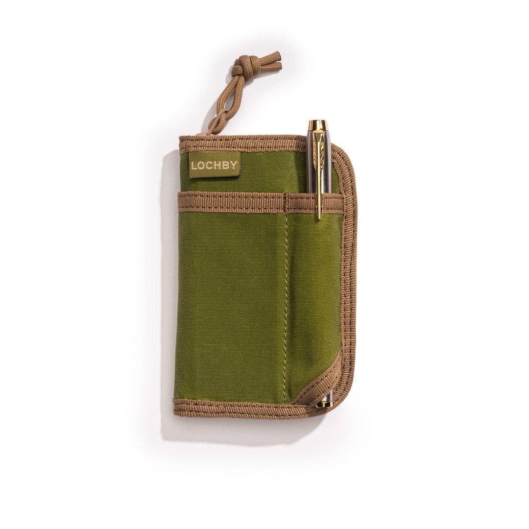 An olive green canvas pen pouch with brown trim, featuring a pen in its side pocket and a small gold-tone 'LOCHBY' brand label, shown on a white background.