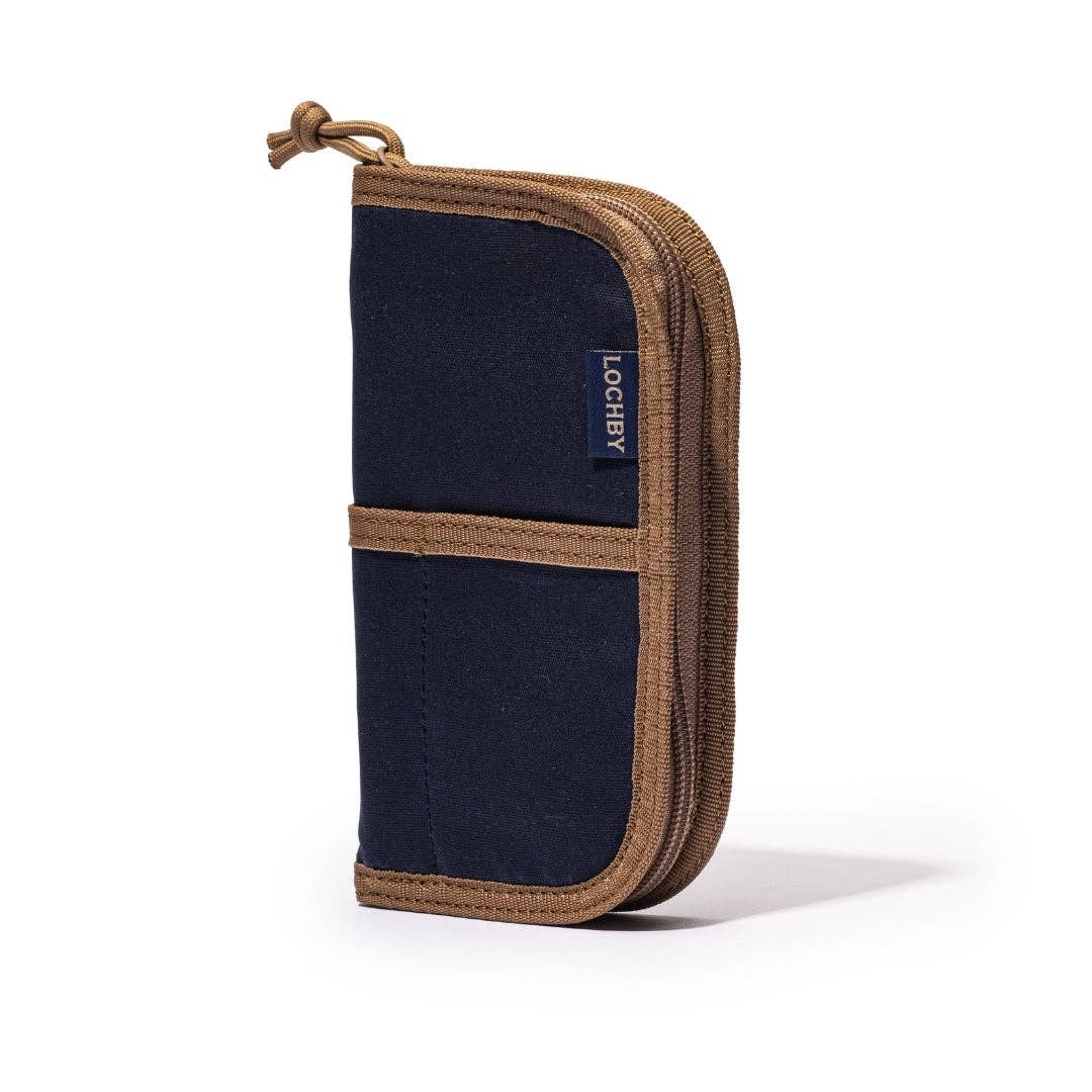 LOCHBY Quattro V2 Navy travel pen case with brown accents on a white background