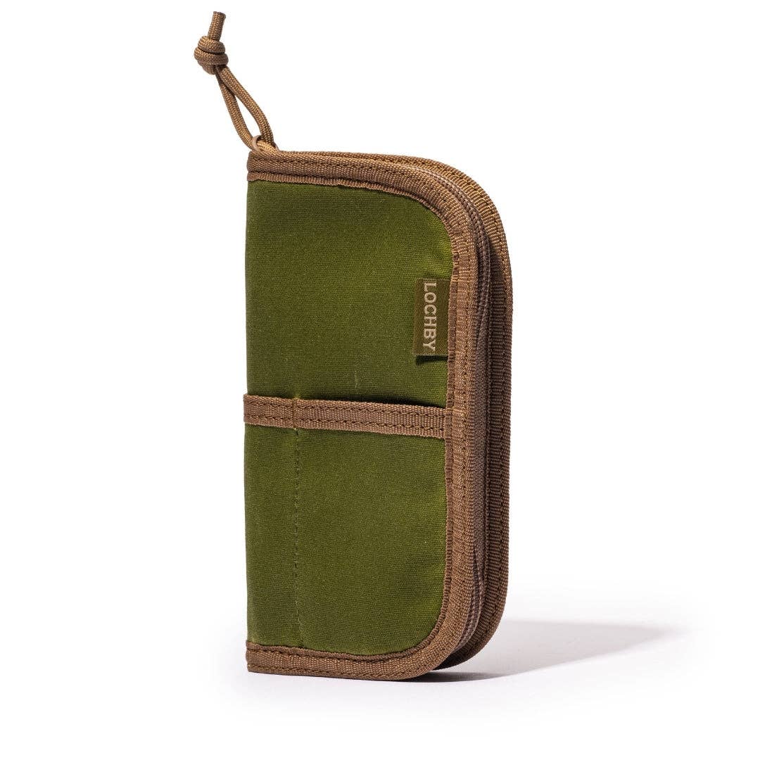 LOCHBY Quattro V2 Olive Green and brown zippered pen pouch with a visible brand logo on a white background